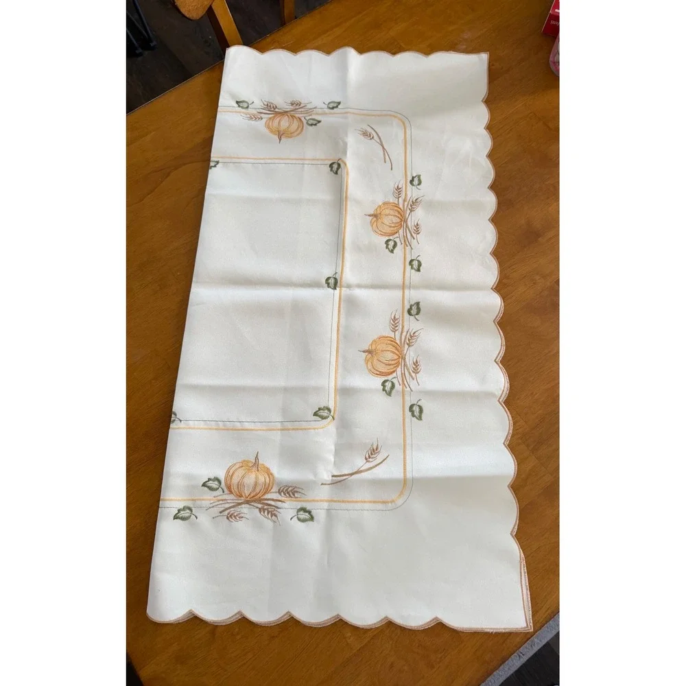 White Square Pumpkin Embroidered Tablecloth Scalloped Edge Harvest Fall Decor